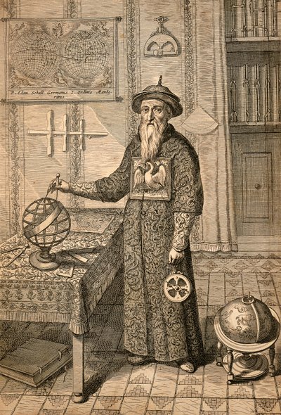Gesuita Johann Adam Schall von Bell (1591-1666), predecessore di Ferdinand Verbiest, astronomo alla corte della dinastia Ming a Nanchino, in costume mandarino, da monumenti cinesi da Athanasius Kircher