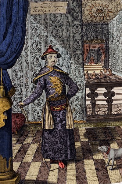 Imperatore cinese Kangxi (1652-1722) dinastia Qing, incisione di Athanasius Kircher da 
