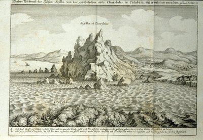 Veduta delle rocce di Cariddi e Scilla nello Stretto di Messina, Sicilia. Incisione da 