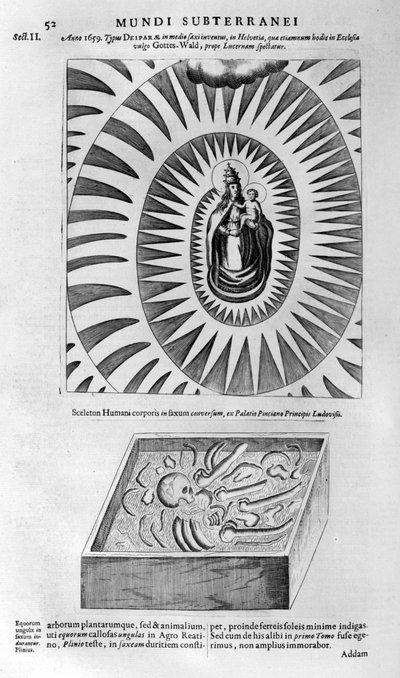 Vergine e bambino e uno scheletro umano da Athanasius Kircher