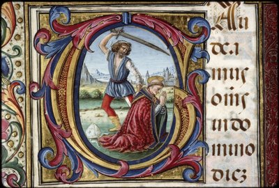 Messale di Tommaso Giacomo: particolare di una scritta G: il martirio di San Tommaso Becket. da Attavante degli Attavanti