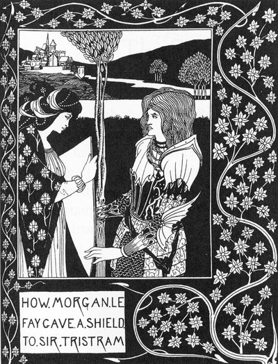Leggenda Arturiana: La fata Morgana dà uno scudo a Tristano, Incisione in La storia di Tristano e le sue avventure, che include la sua storia d