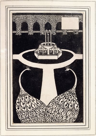 Intestazione di capitolo che raffigura due pavoni in un giardino con una fontana, c.1893-94 da Aubrey Beardsley