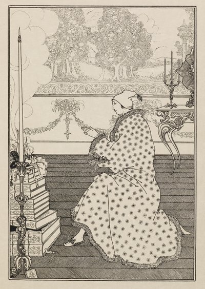 La preghiera del barone. Da "Il Ratto del Ricciolo" da un libro di cinquanta disegni da Aubrey Beardsley