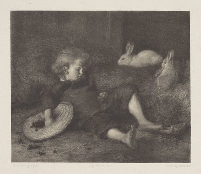 Bambino dormiente con conigli da August Allebe