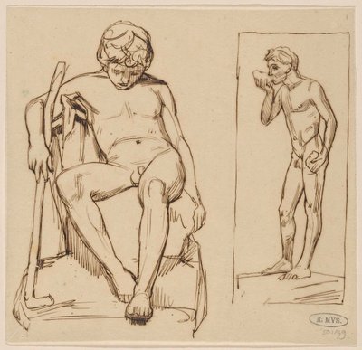 Nudo seduto con bastone e nudo in piedi che beve da August Allebe