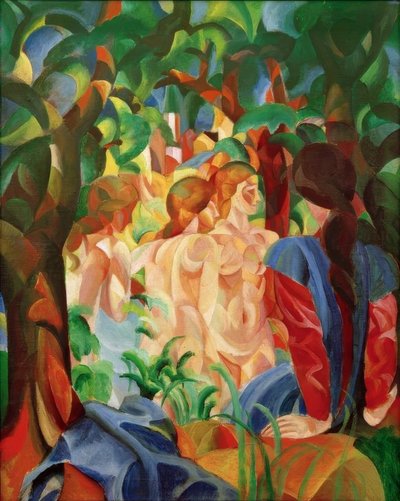 Ragazze che fanno il bagno con la città sullo sfondo da August Macke