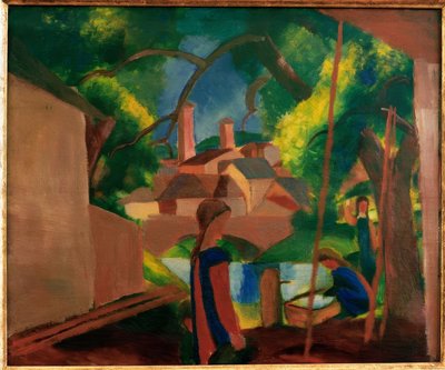 Bambini alla fontana con città sullo sfondo da August Macke