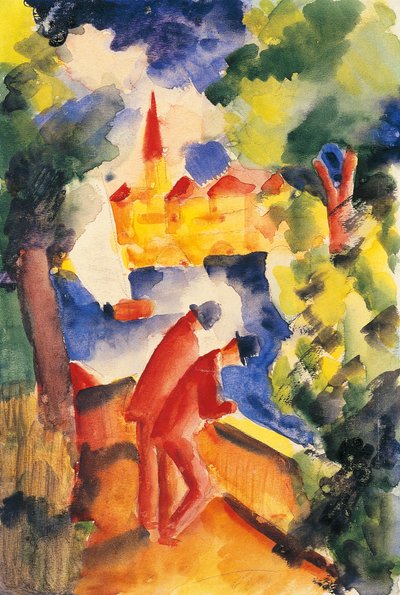 Due uomini sul parapetto che guardano un lago, 1914 da August Macke