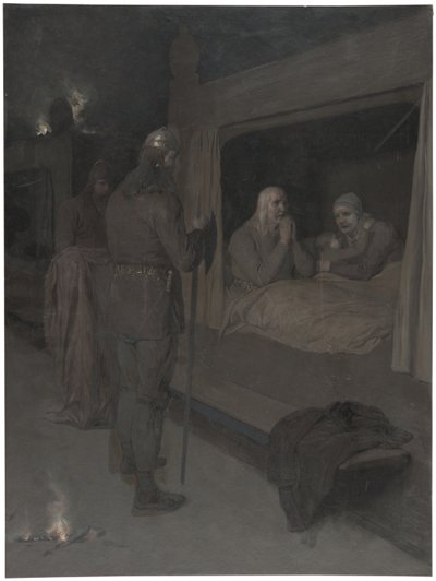 Njal, Bergthora e Thord Karisson decidono di farsi bruciare vivi. Illustrazione per la Saga di Njal, cap. 129 da August Malmström