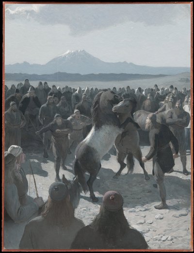 La lotta tra cavalli a Hlíðarendi. Illustrazione per la Saga di Njál, cap. 59 da August Malmström