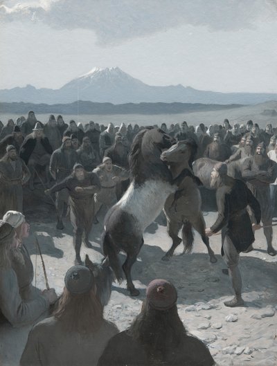 La Storia di Njáll Bruciato: La Lotta dei Cavalli a Hlíðarendi, 1880s da August Malmström