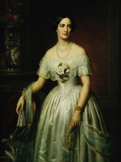 Ritratto di una signora in piedi a tre quarti di lunghezza che indossa un vestito bianco, 1851 e 1876 da August Schiott
