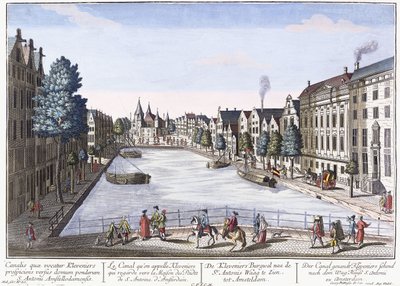 Veduta del canale Kleveniers, Amsterdam, c.1740-1770 (incisione colorata a mano) da August Vindel