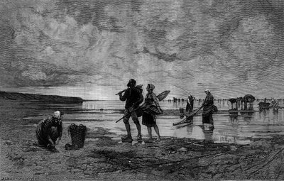 Grande marea nella Manica (XIX secolo): pescatori di conchiglie su una spiaggia. Incisione dal dipinto di Hagborg Auguste Wilhem Nikolaus in 