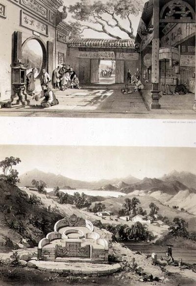 Veduta Interna del Grande Tempio a Macao e una Tomba e Villaggio tra le Baie di Hong Kong e Cowloon, tavole 8 e 7 da 