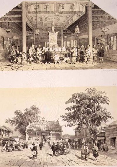 Interno del Tempio di Buddha e una piccola piazza nei sobborghi di Canton, tavole 25 e 26 da 