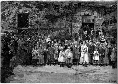 Victor Hugo (1802-1885) con i bambini poveri di Veules en Caux (Veules-en-Caux) ai quali offrì un banchetto il 24 settembre 1882. Incisione di Gerardin in "Le Monde Illustré" n.1333 del 14 ottobre 1882 da Auguste (after) Gerardin
