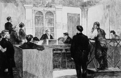 Tribunale di Bow Street a Londra nel 1884 da Auguste Andre Lancon