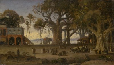 Scena al chiaro di luna con figure indiane ed elefanti tra alberi di banyan, Alta India (probabilmente Lucknow) da Auguste Borget