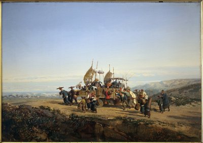 Viaggiatori usano un carro con vele e sparano agli uomini. Dipinto di Auguste Borget da Auguste Borget