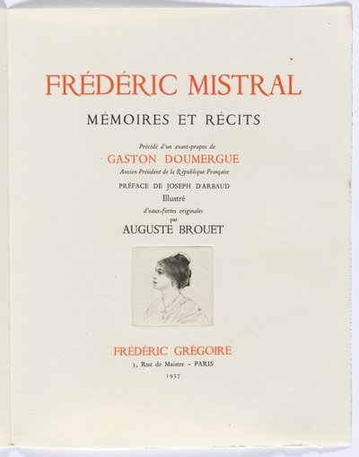Frédéric Mistral: Mémoires et Recits di Frédéric Mistral: frontespizio, busto di donna di profilo da Auguste Brouet