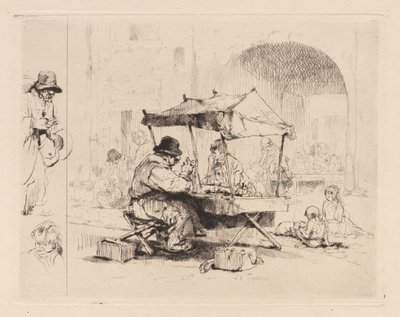 [Mercante nella sua bancarella con bambini che giocano] da Auguste Brouet