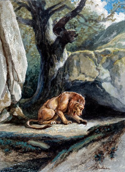 Illustrazione della favola "Il leone e il topo" di Jean de La Fontaine. Acquerello di Auguste Delierre (1829-c.1890) da Auguste Delierre