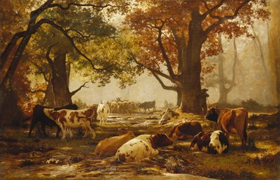 Bovini in un paesaggio fluviale boscoso da Auguste Francois Bonheur