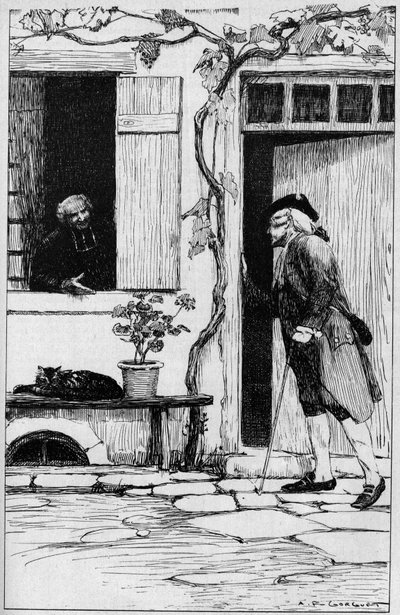 La parrocchia del villaggio di Ermenonville invita il filosofo Jean Jacques Rousseau (1712-1778) a entrare nel suo presbiterio. Oise (60). Illustrazione di Auguste Francois Gorguet da Auguste Francois Gorguet