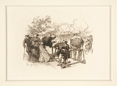 Uomo con deambulatore, con altre figure in un parco da Auguste Lepere