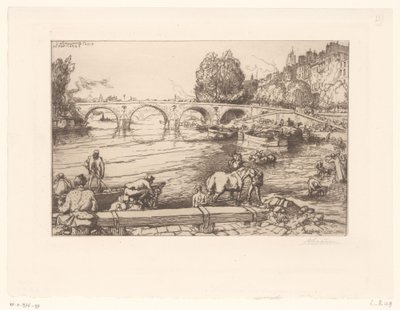 Vista del Pont Marie con figure nella Senna da Auguste Lepère (signed by artist)