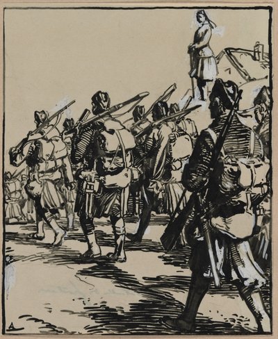 Bataille des frontières: gruppo di soldati britannici da Auguste Louis Lepère