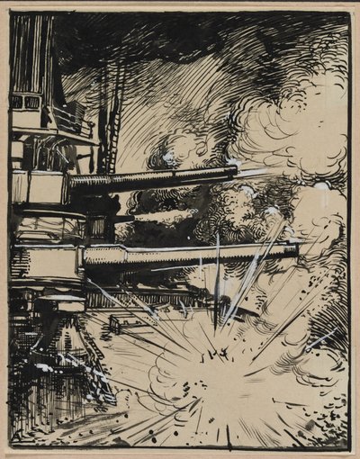 Bombe esplodenti su una corazzata con cannoni puntati, 1914 da Auguste Louis Lepère