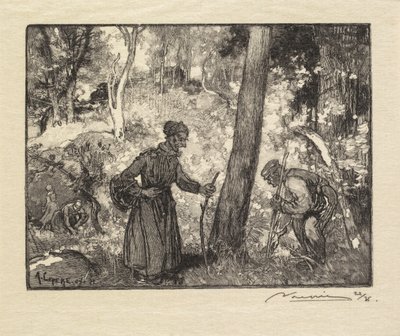 Foresta di Fontainebleau: Cacciatori di funghi al Rocher Bernard, 1890 da Auguste Louis Lepère