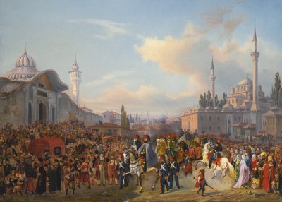 Il sultano Mahmud II lascia la moschea di Bayezid, Costantinopoli da Auguste Etienne Francois Mayer