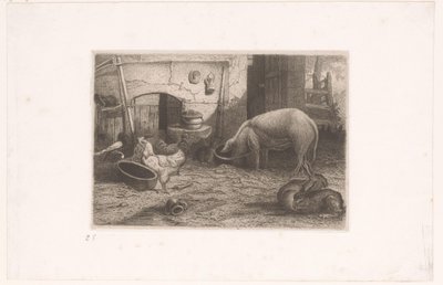 Maiale, galline e conigli vicino a un capanno da Auguste Numans (attributed to)