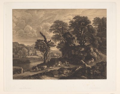 Paesaggio con animali e figure su una strada lungo un fiume da Auguste Numans