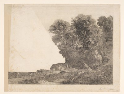 Paesaggio con animali e figure su una strada lungo un fiume da Auguste Numans