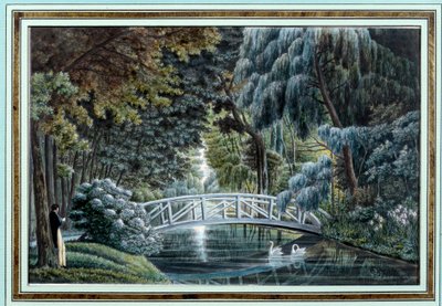 Vista del ponte di legno sul fiume a sinistra del castello di Malmaison da Auguste Simon Garneray