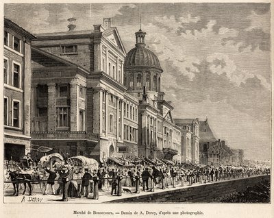 Le marché de Bonsecours, centro turistico e culturale di Montreal, inciso da un disegno di A.Deroy, illustrando l