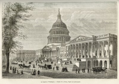 Il Campidoglio, sede del legislatore, costruito tra il 1793 e il 1830, a Washington (Distretto di Columbia), capitale degli Stati Uniti. Incisione dal disegno di A.Deroy, per illustrare la storia La conquista bianca, di William Hepworth Dixon, nel 1875, p da Auguste Victor Deroy