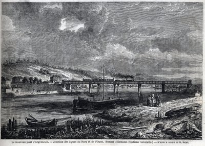 Il nuovo ponte ad Argenteuil. Giunzione delle linee Nord e Ovest. Sezione di Ermont (sistema tubolare). Incisione dopo uno schizzo di Ralph in "Le Monde illustré", 29/08/1863. Collezione privata. da Auguste Victor Deroy