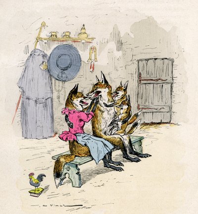 Illustrazione di A. Vimar per il Roman de Renart (romanzo della volpe), edizione Henri Laurens XIX secolo - Goupil e Hermeline la volpe, sua moglie, a casa, con i loro figli i piccoli volpi - da Auguste Vimar