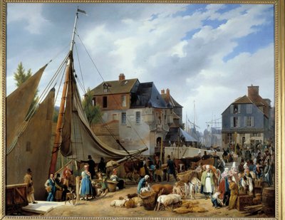 Imbarco del bestiame nel porto di Honfleur. Dipinto di Auguste-Xavier Leprince da Auguste Xavier Leprince