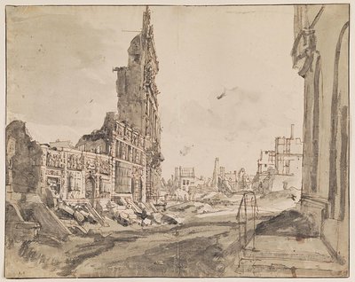 Vista degli angoli nord-est e nord-ovest di Grand Place dopo il bombardamento del 1695 da Augustin Coppens