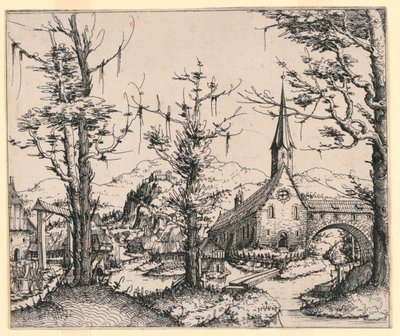 Chiesa vicino a un ruscello, attraversato da un ponte coperto da Augustin Hirschvogel
