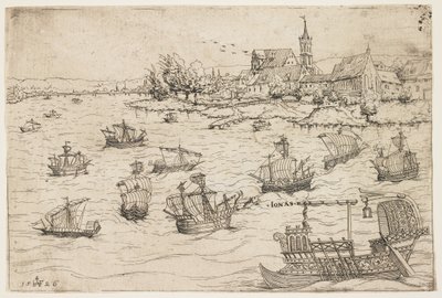 Giona e la balena su un lago con navi a vela, 1546 da Augustin Hirschvogel