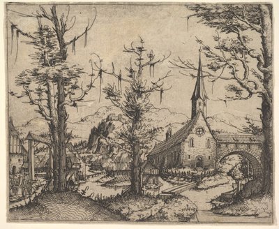 Paesaggio con quattro alberi e una chiesa a destra, 1545 da Augustin Hirschvogel