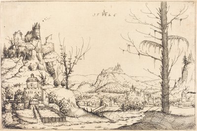 Paesaggio con alte scogliere, fiume e città da Augustin Hirschvogel